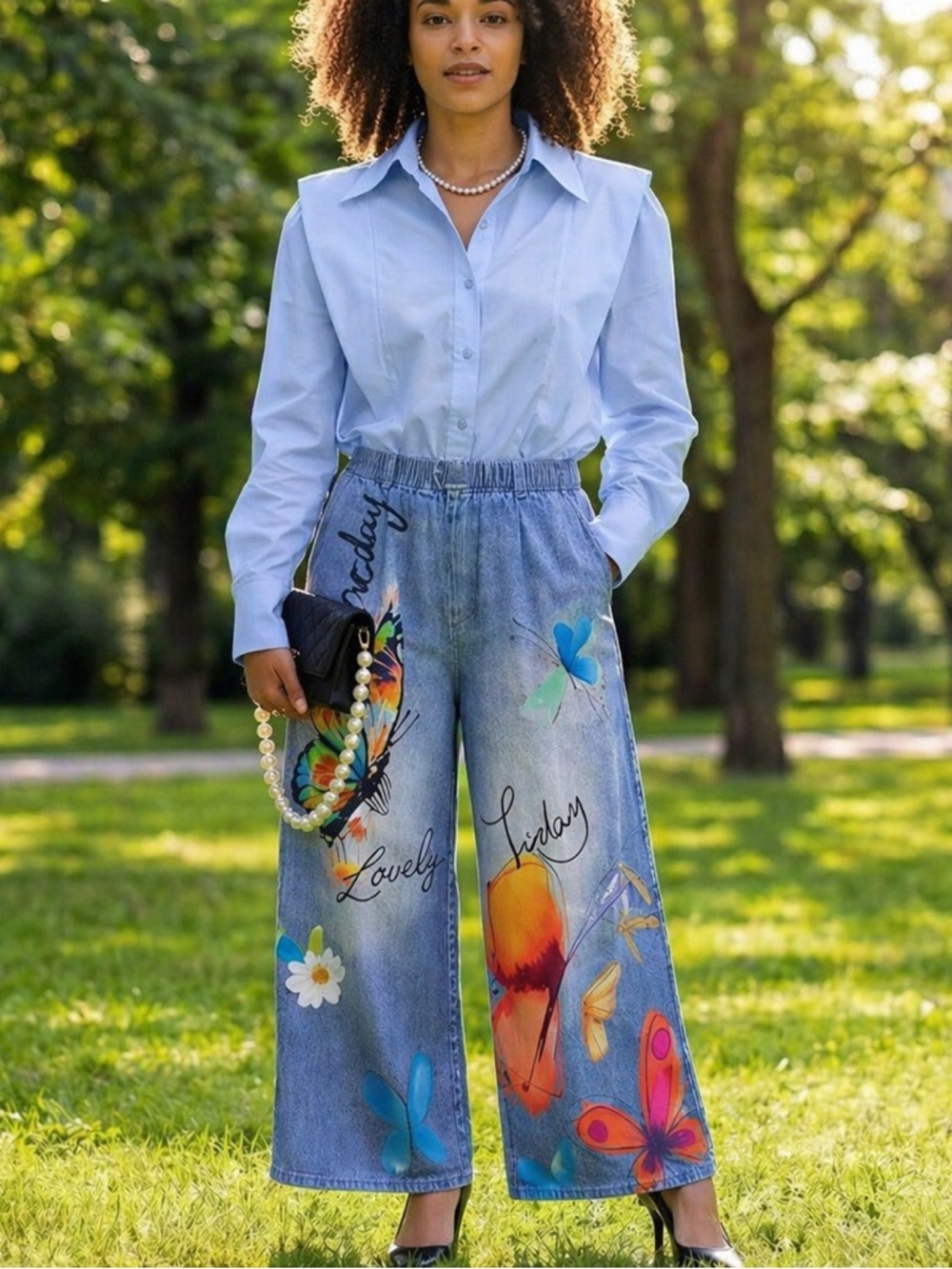 Butterfly Print Knit Denim Wide-Leg Pants | High Waist | Soft Stretch | M - Picture 4 of 14